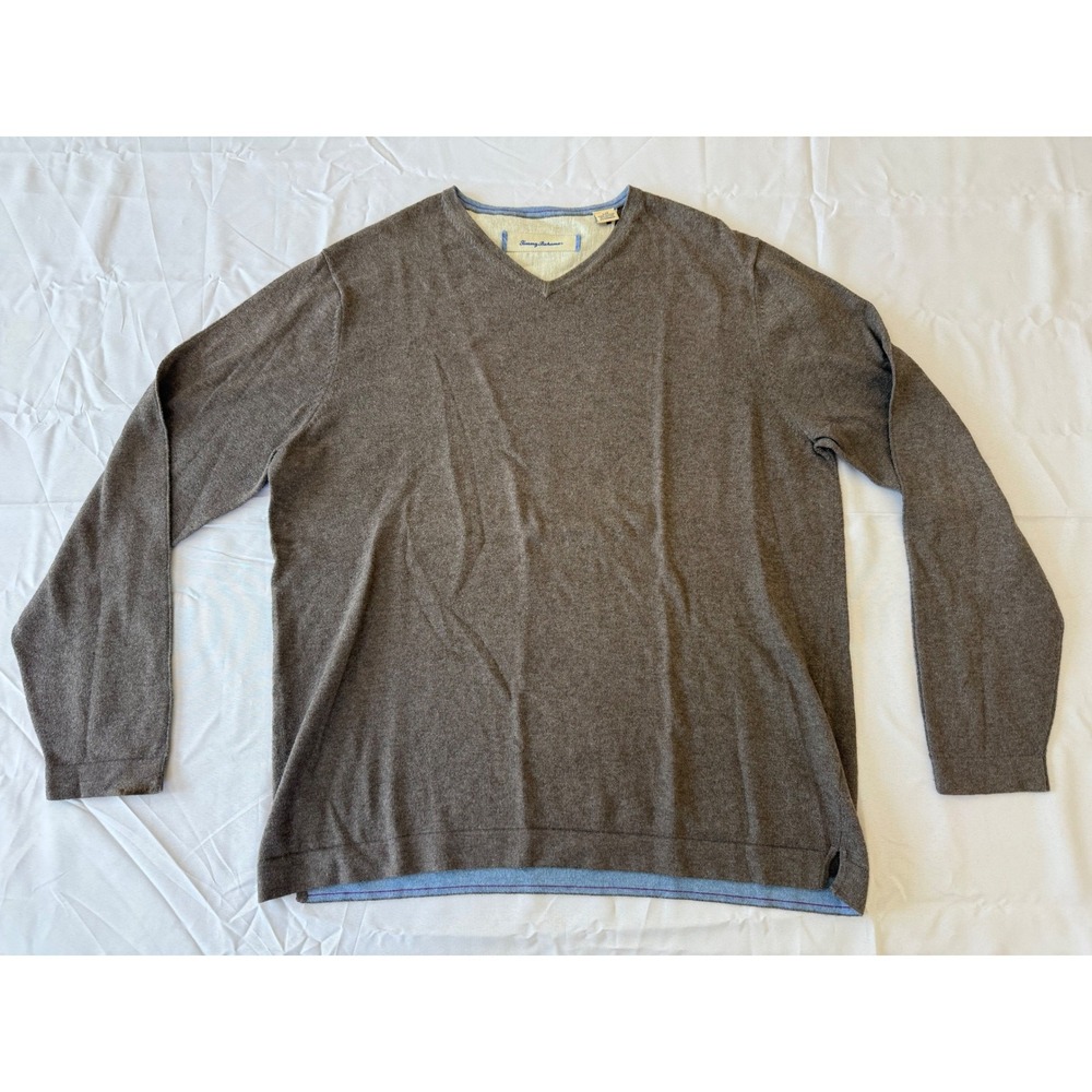 Tommy Bahama V-Neck Sweater Mens Large Brown Good Cotton Cashmere Pullover